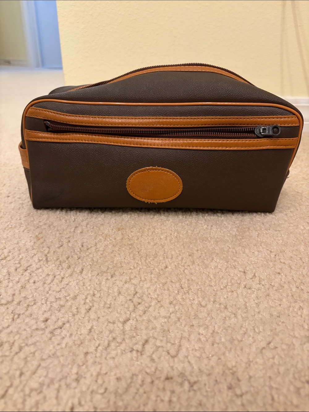 Men's Brown Toiletry Bag with Tan Trim and Front Zip Pocket
